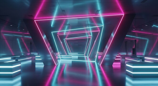 Futuristic Neon Tunnel with Triangular Light Structures Creating a Mesmerizing Visual Experience and Glowing Reflections on the Polished Floor