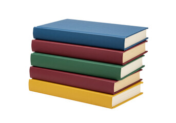 Isolated stack of hardcover books in blue, red, green, and yellow on neutral studio backdrop