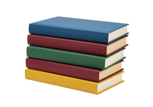 Isolated stack of hardcover books in blue, red, green, and yellow on neutral studio backdrop