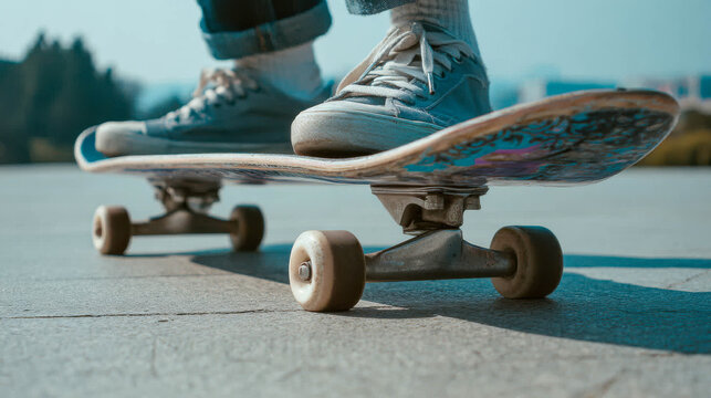 Skateboarder rides on smooth pavement in sunny park with urban skyline in background during afternoon Generative AI - Powered by Adobe