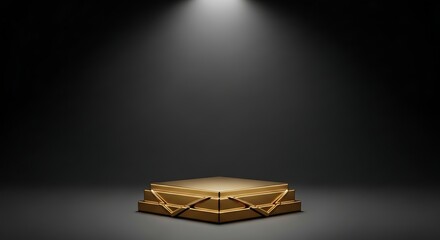Golden Podium Illuminated by a Spotlight on a Dark Background Stage for Product Showcase and Award Ceremonies Display