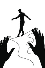 A surreal illustration of a man balancing on a tightrope held by large hands, symbolizing control, manipulation, and the struggle to maintain stability in life.