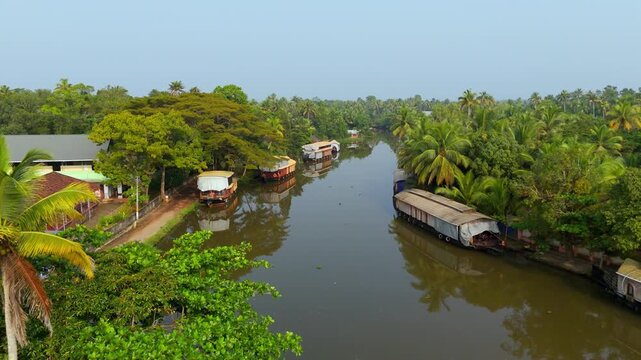 Houseboats on Kerala backwaters, in Kumarakom, water canal's in Alleppey, Kerala, India