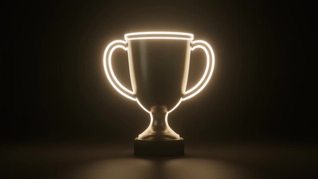 A dark trophy with a bright, glowing neon outline stands prominently against a deep black background, symbolizing achievement and success.