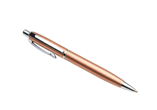 Isolated rose-gold ballpoint pen for writing notes or signing business documents on a desk