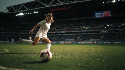 Dynamic French female soccer player striking the ball with powerful motion. Concept of athletic technique, competition, training visuals, football marketing use, intense sports emotion.