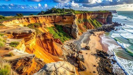 Panoramic view of vibrant orange and green layered cliffs overlooking a sandy beach and the blue ocean with white waves under a partly cloudy sky.