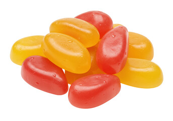 Isolated pile of juicy red and yellow jelly bean candy sweets, colorful, delicious, tasty