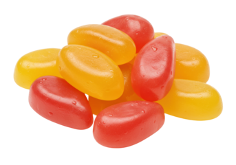 Isolated pile of juicy red and yellow jelly bean candy sweets, colorful, delicious, tasty