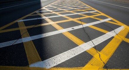 Geometric Road Markings: Yellow Grid Intersection on Smooth Asphalt Surface