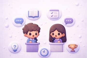 Engaging debate between animated characters presents teamwork and knowledge sharing, showcasing vibrant dialogue and interactive participation in a playful learning environment