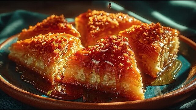 Delicious golden baklava pastries, a rich traditional Middle Eastern and Mediterranean dessert, crafted with flaky phyllo dough, sweet syrup, and crunchy chopped nuts