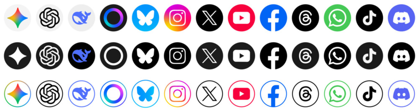 Social media icon set, social network logos, Instagram, facebook, youtube, WhatsApp, bluesky. New artificial intelligence ai apps: meta ai, chatgpt, google gemini. vector illustration