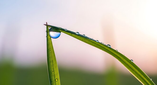 Macro shot of a water drop on a blade of green grass capturing the sky and another drops of dew glistening in morning light