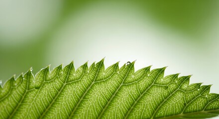 Macro shot of a green leaf with water droplets reflecting light showcasing natures beauty and the intricate details of plant life