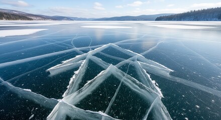Frozen Lake Surface With Intricate Ice Formations Under a Clear Blue Sky