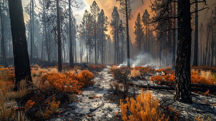 A somber landscape of a forest after a devastating wildfire, with burnt trees, smoke rising from the ground, and resilient orange vegetation amidst the ashes under a hazy sky.