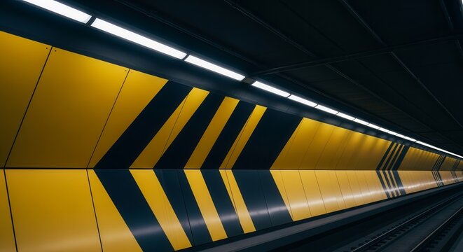 Geometric Yellow and Black Patterned Wall Along A Subway Tunnel with Lighting - Powered by Adobe