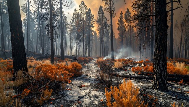 A somber landscape of a forest after a devastating wildfire, with burnt trees, smoke rising from the ground, and resilient orange vegetation amidst the ashes under a hazy sky.