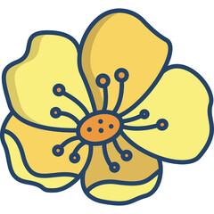 Illustration of a Single Yellow Flower with Five Petals and a Dark Blue Outline on a Transparent Background