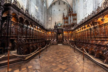 Renaissance choir boiseries (woodwork), cathedral of Our Lady of Saint-Bertrand de Comminges, Haute-Garonne, Midi-Pyr&eacute;n&eacute;es region, France