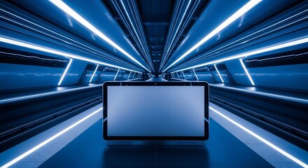 Futuristic Digital Screen Displayed in a Modern, Neon-Lit Transportation Tunnel