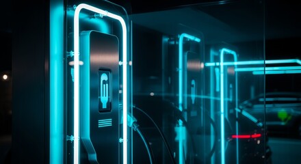 Futuristic Electric Vehicle Charging Station Illuminated With Neon Lights At Night