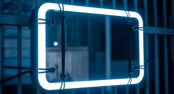 Glowing Rectangular Neon Light Within A Grille Structure Illuminated With Ambient Blue - Powered by Adobe