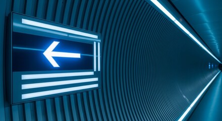 Futuristic Illuminated Arrow Sign Directing Movement In Modern Architectural Tunnel