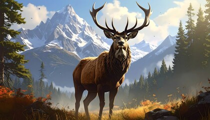 Majestic stag with huge antlers against a snowy mountain backdrop