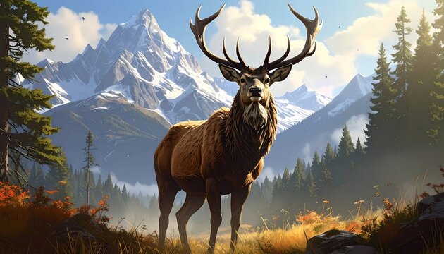 Majestic stag with huge antlers against a snowy mountain backdrop