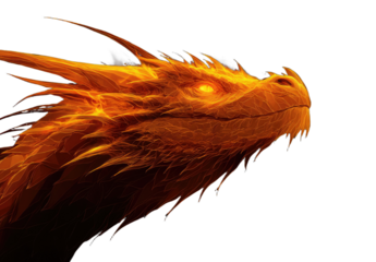 Intense head of a glowing, fiery dragon with bright eyes against a dark background