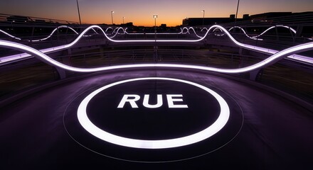 Futuristic Illuminated Structure Displaying Abstract Neon Design at Dusk with Architectural Elements