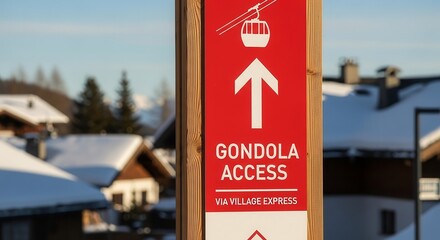 Gondola Directional Sign Indicating Access to the Ski Slopes in Winter Resort Area