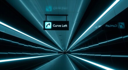 Futuristic Illuminated Tunnel With A Curve Left Sign Illuminated with Blue Light