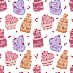 Description: A seamless flat pattern with cute heart-shaped cakes and tiered cakes with cherries. Delicious dessert background in pastel colors. Perfect for packaging, web and textile design.