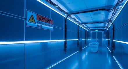 Futuristic Laboratory Corridor With Warning Sign Indicating A Strong Magnetic Field