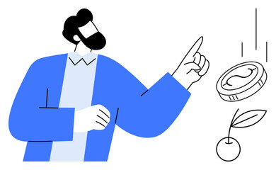 Bearded man in blue sweater pointing at a coin with nature elements growth, sustainability, and economic balance. Ideal for investment, saving, finance, growth, success, environment eco-awareness