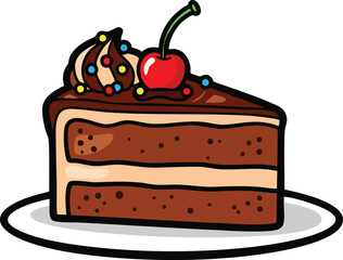 Chocolate Cake Slice with Cherry and Sprinkles on a White Plate