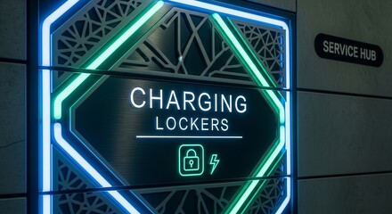Futuristic Neon Charging Lockers Sign For Secure Device Powering In Service Hub Area