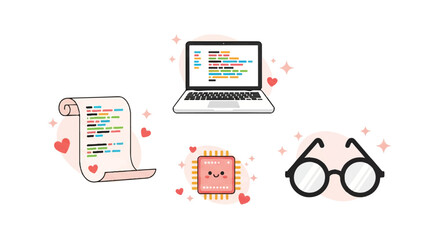 An illustration depicting coding elements, including a laptop, script, processor, and glasses, with hearts.