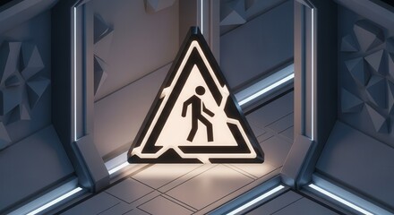 Futuristic Pedestrian Sign Illuminated Within a Sleek, Modern, Architectural Interior