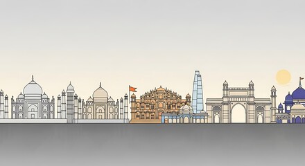 Fototapeta premium Indian landmarks. Taj mahal, hawa mahal, and gateway of india skyline view.