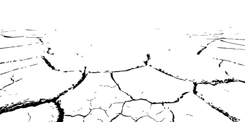“High-contrast cracked earth texture in black and white, showcasing dry soil patterns and natural fractures. Perfect for backgrounds, overlays, abstract designs, environmental themes, and graphic art.