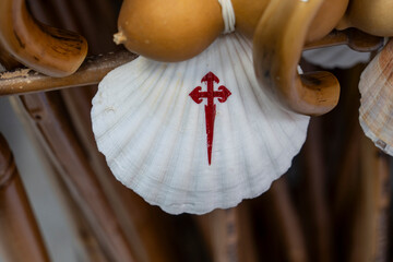 Santiago walking sticks and shells in a souvenir shop, Galicia, province of La Coruña, Santiago de...