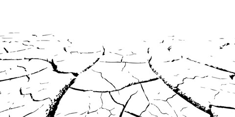 “High-contrast cracked earth texture in black and white, showcasing dry soil patterns and natural fractures. Perfect for backgrounds, overlays, abstract designs, environmental themes, and graphic art.