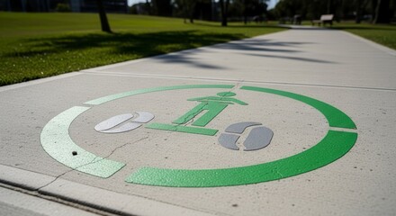 Green Bicycle Icon Painted on Concrete Path, Guiding Cyclists Towards Adventure Outdoors