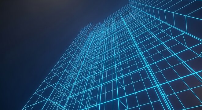 Modern Architecture Wireframe Building Design with a Futuristic Glowing Grid and Dark Blue Background Showcasing Innovative Structural Concepts