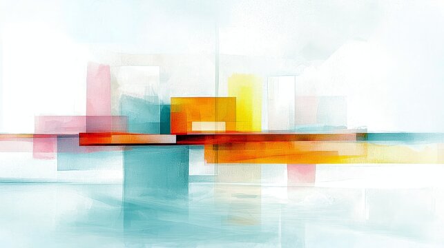 An abstract composition featuring overlapping translucent geometric shapes in warm and cool tones, creating a sense of depth and movement. - Powered by Adobe