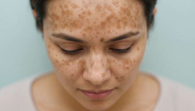 Close-up of woman with melasma spots on forehead and cheeks, skin pigmentation issue